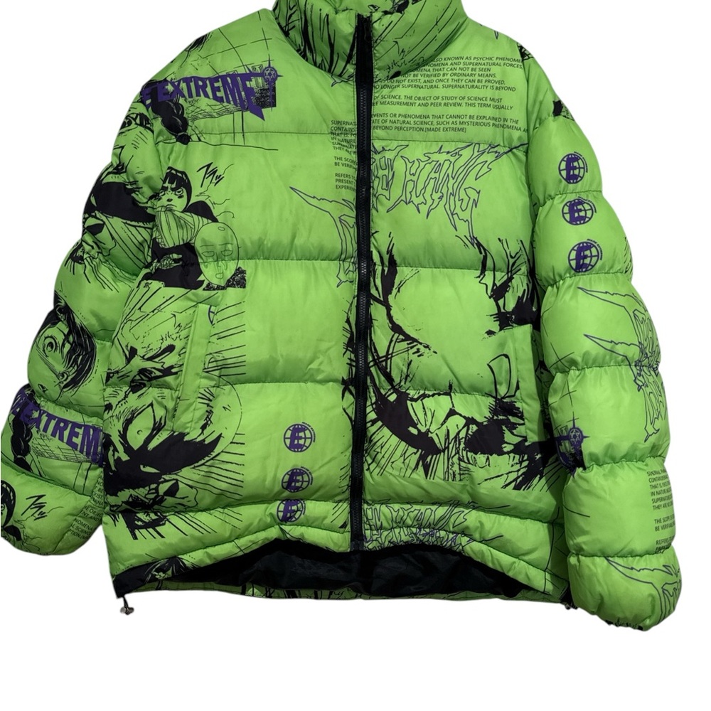 Green and Black Anime Graphic Puffer Jacket with Quilted Design